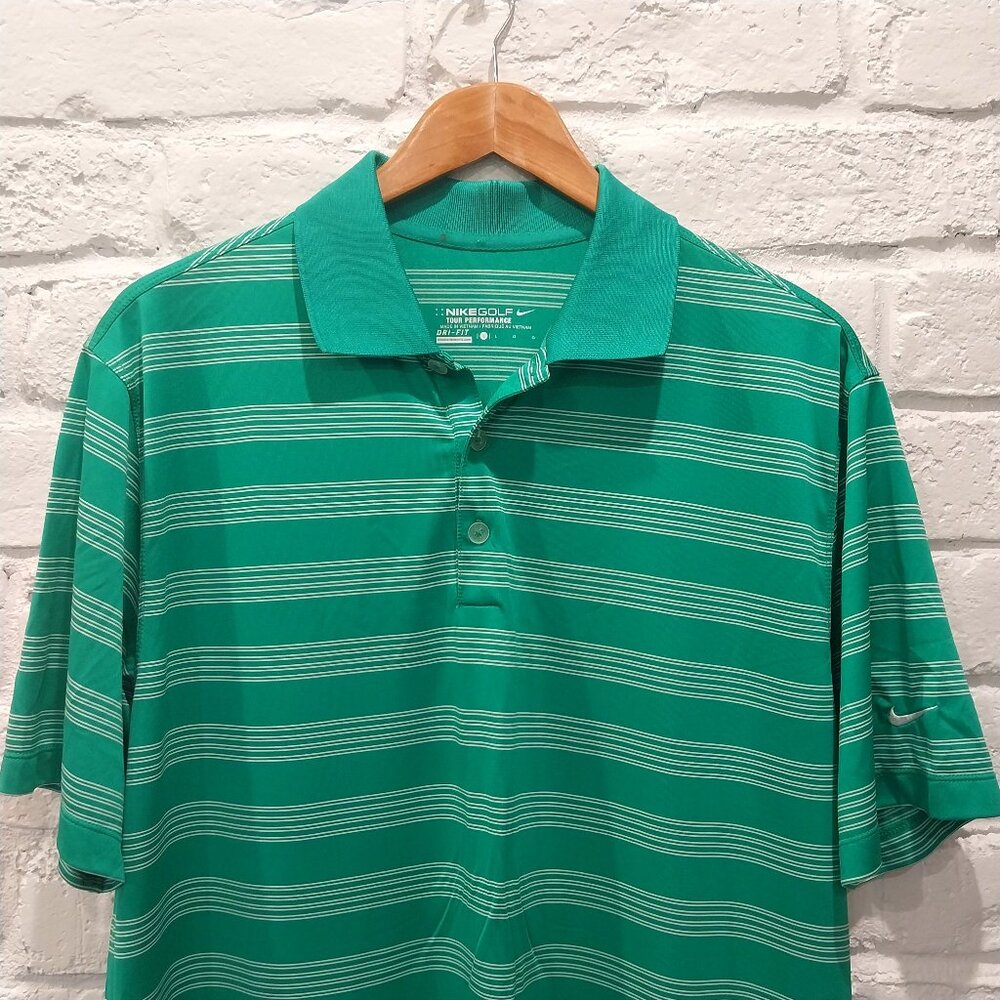 Nike Golf Shirt Mens L Large Green Striped Casual Tour Performance Dri Fit